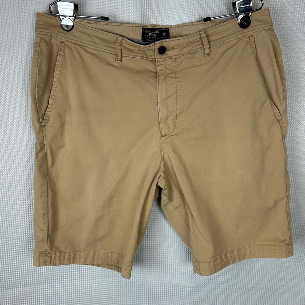 Abercrombie & Fitch Men Khaki Preppy Chino Shorts Size 36 Tan Stretch Twill